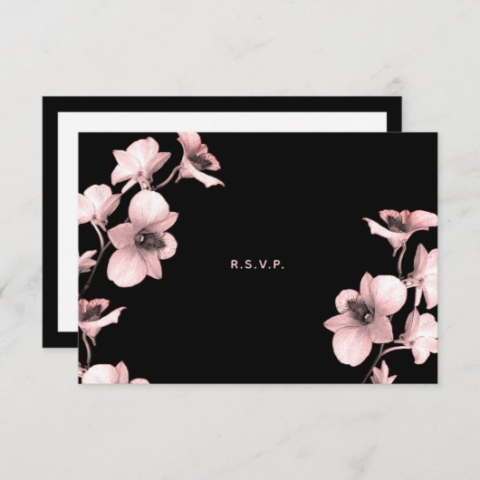 Witte Orchidee Roze Tint op Zwarte RSVP Kaart (Voorkant / Achterkant)
