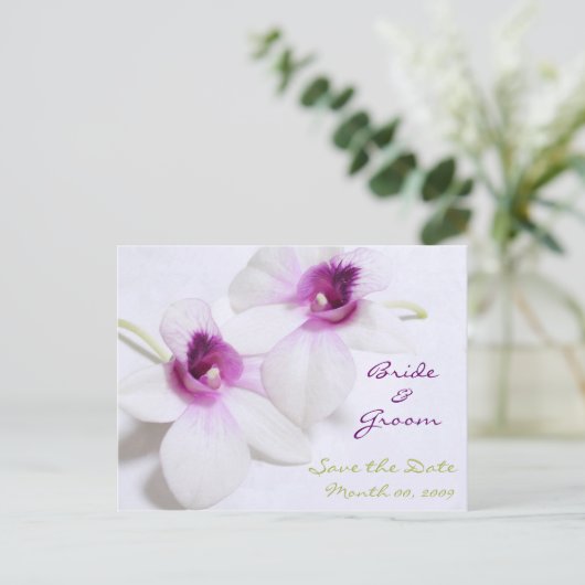Witte orchidee Save the date briefkaarten (Staand voorkant)