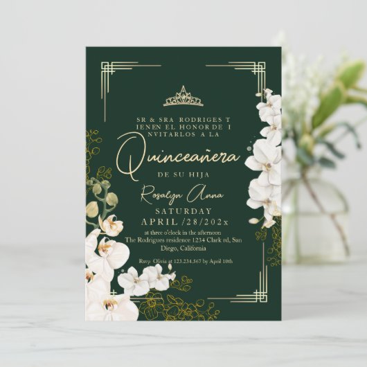 Witte Orchidee Smaragdgroene Prinses Quinceañera  Kaart (Staand voorkant)
