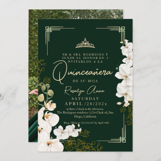 Witte Orchidee Smaragdgroene Prinses Quinceañera  Kaart (Voorkant / Achterkant)