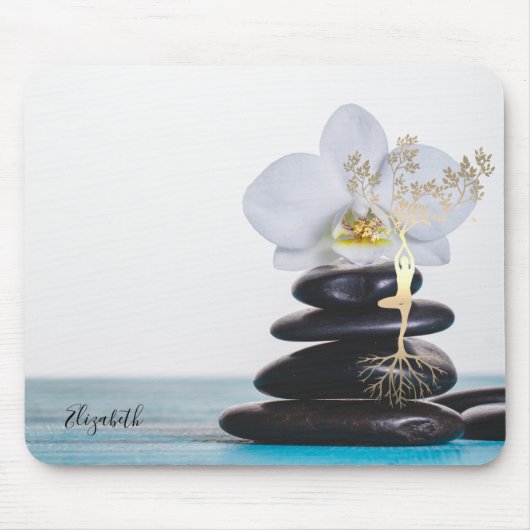 Witte Orchidee,Zen Stenen,Gouden Boom Silhouet Muismat (Voorkant)