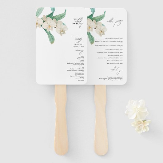 Witte Orchideeën Bloemige Trouwvolgorde Handwaaier (Voorkant en achterkant)