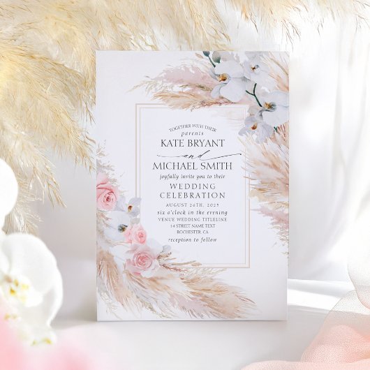 Witte orchideeën Blush Rozen en Pampas Grass Weddi Kaart