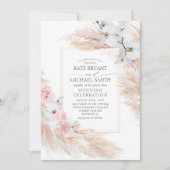 Witte orchideeën Blush Rozen en Pampas Grass Weddi Kaart (Voorkant)
