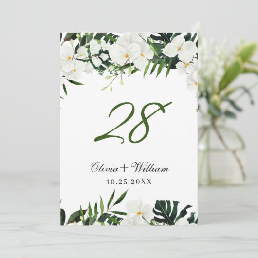 Witte orchideeën Bohemian Wedingnummer Kaart (Staand voorkant)
