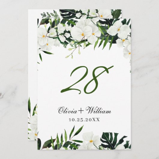 Witte orchideeën Bohemian Wedingnummer Kaart (Voorkant / Achterkant)