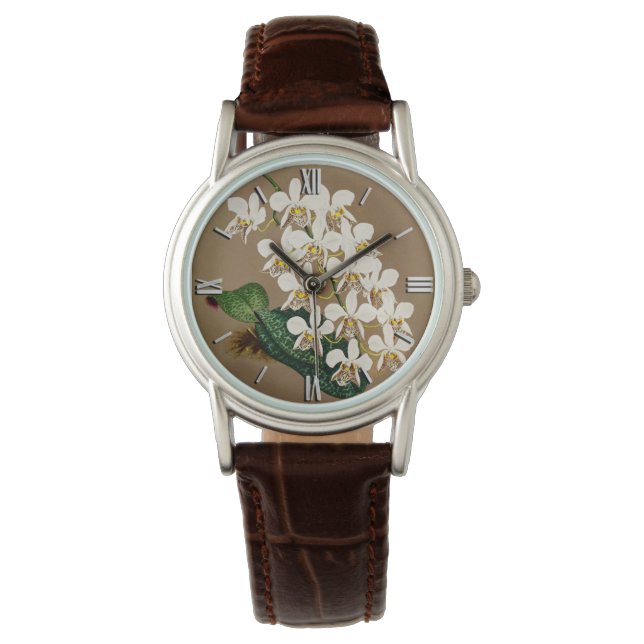 Witte orchideeën botanische afdrukken, Tan achterg Horloge (Voorkant)