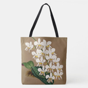 Witte orchideeën botanische afdrukken, Tan achterg Tote Bag