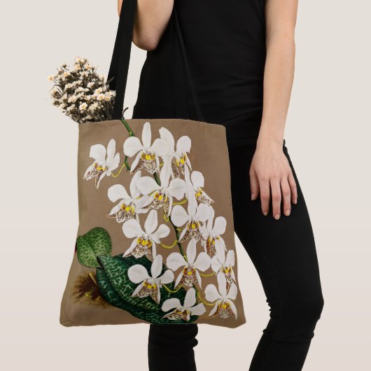 Witte orchideeën botanische afdrukken, Tan achterg Tote Bag (Dichtbij)