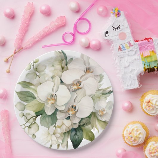 Witte orchideeën bruiloft papieren bordje (Feest)
