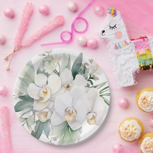 Witte orchideeën bruiloft papieren bordje (Feest)