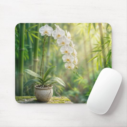 Witte orchideeën en bamboe muismat (Met muis)