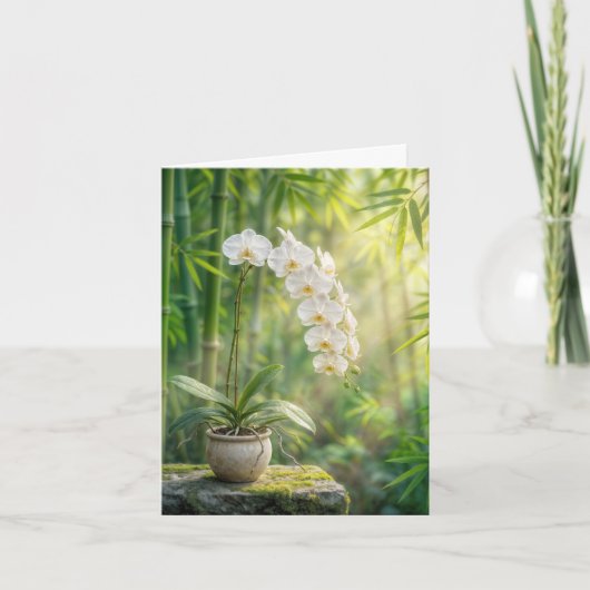 Witte orchideeën en bamboe notitiekaart (Voorkant)