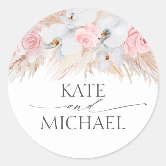 Witte Orchideeën en Pampas Grass Roze Bruiloft Ronde Sticker (Voorkant)