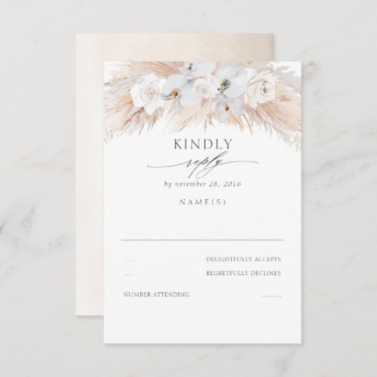 Witte Orchideeën en Rozen Gedroogde Pampas Bruilof RSVP Kaartje (Voorkant / Achterkant)