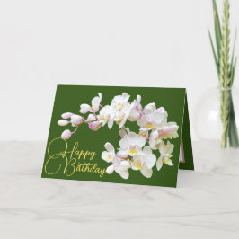  witte orchideeën groene achtergrond Happy Birthda Kaart