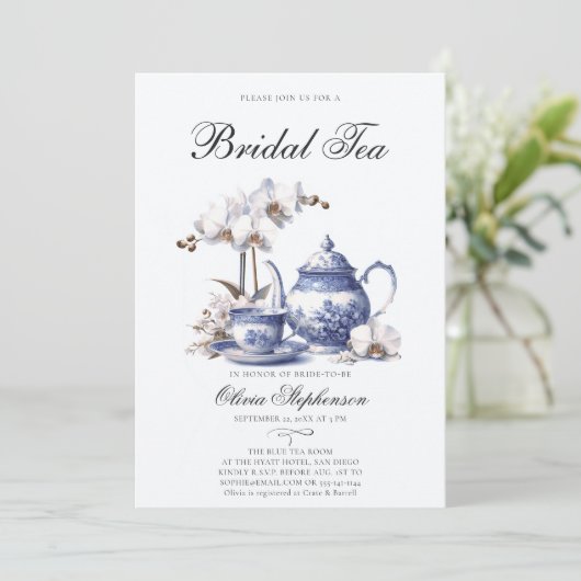 Witte orchideeën Hampton Toile bruids thee douche Kaart (Staand voorkant)