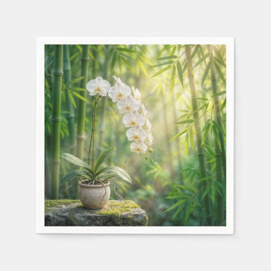 Witte orchideeën in bamboebos servet (Voorkant)