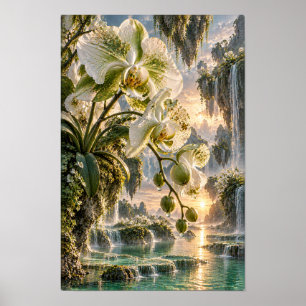 Witte orchideeën in watervalvallei wandkunst bij z poster