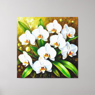 Witte orchideeën met groene bladeren canvas afdruk