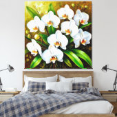 Witte orchideeën met groene bladeren canvas afdruk (Insitu (Slaapkamer))