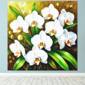 Witte orchideeën met groene bladeren canvas afdruk (Insitu (Houten vloer))