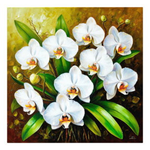 Witte orchideeën met groene bladeren foto afdruk