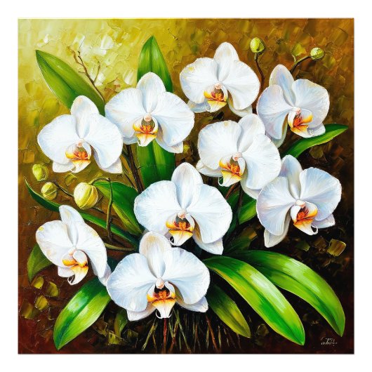 Witte orchideeën met groene bladeren foto afdruk (Voorkant)