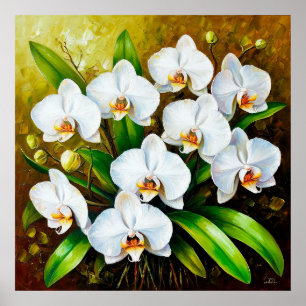 Witte orchideeën met groene bladeren poster