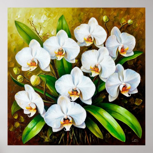 Witte orchideeën met groene bladeren poster (Voorkant)