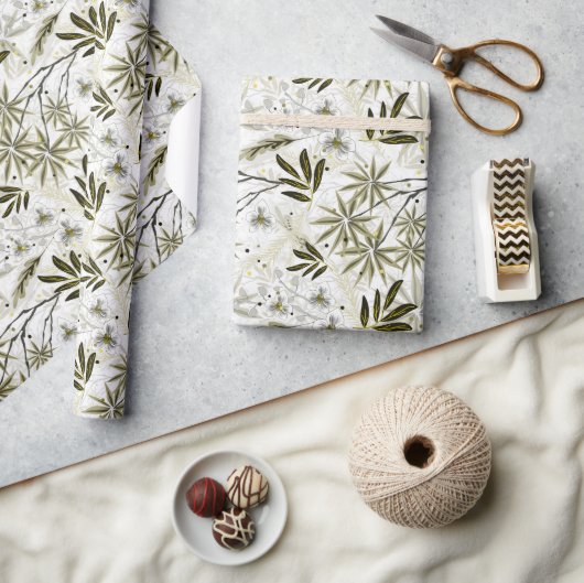 Witte orchideeën met olijf tropische bladeren cadeaupapier (Crafts)