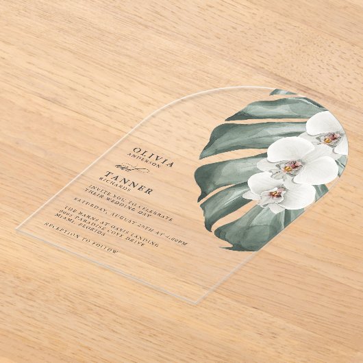 Witte orchideeën moderne boog tropische bruiloft acryl uitnodigingen (Laagn)