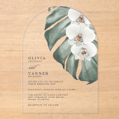 Witte orchideeën moderne boog tropische bruiloft acryl uitnodigingen (Voorkant)