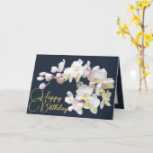 Witte Orchideeën Navy Achtergrond Happy Birthday Kaart (Gele Bloem)