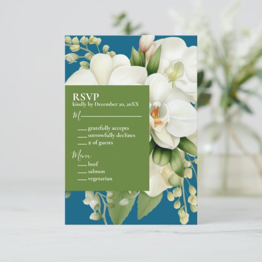 Witte Orchideeën Ocean Blue Huwelijksuitnodigingen RSVP Kaartje (Staand voorkant)