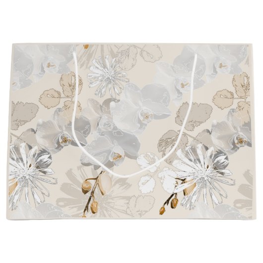 Witte orchideeën op een lichte crème groot cadeauzakje (Voorkant)