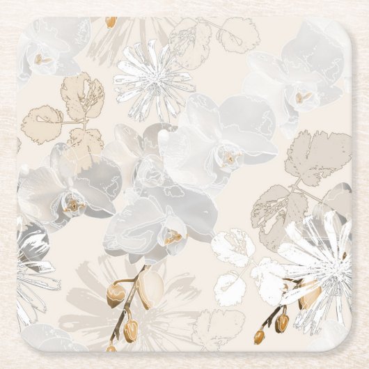 Witte orchideeën op een lichte crème kartonnen onderzetters (Voorkant)