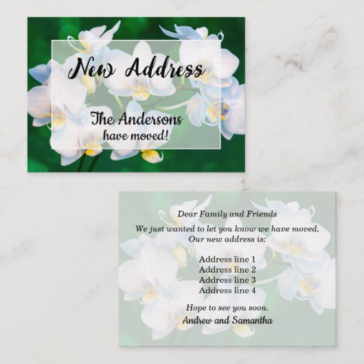 Witte orchideeën op groene aankondiging van nieuw  (Voorkant / Achterkant)