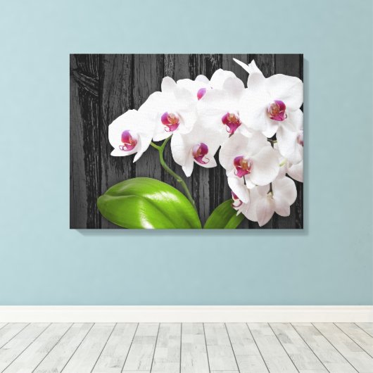 Witte orchideeën op houthak canvas afdruk (Insitu (Houten vloer))