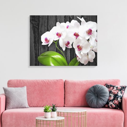 Witte orchideeën op houthak canvas afdruk (Insitu (Woonkamer))