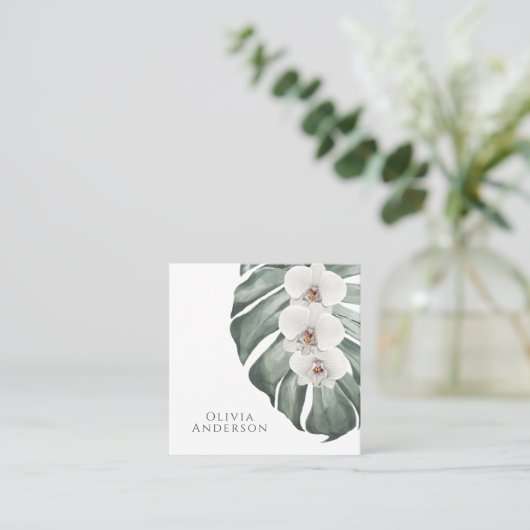 Witte Orchideeën op Monstera Tropische Botanische Vierkante Visitekaartje (Staand voorkant)