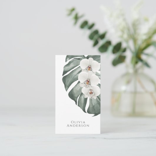 Witte Orchideeën op Monstera Tropische Botanische Visitekaartje (Staand voorkant)