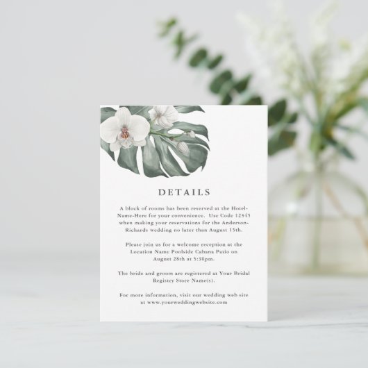 Witte Orchideeën op Monstera Tropische bruiloft De Informatiekaartje (Staand voorkant)