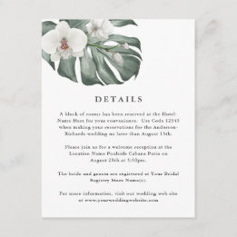 Witte Orchideeën op Monstera Tropische bruiloft De Informatiekaartje