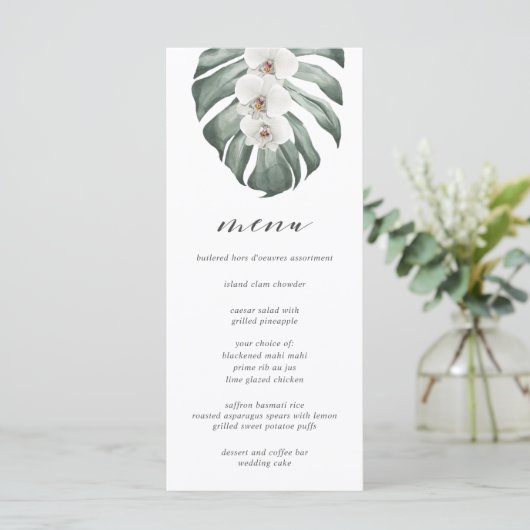 Witte Orchideeën op Monstera Tropische Bruiloft Me Menu (Staand voorkant)