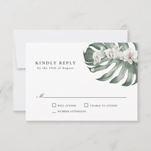 Witte Orchideeën op Monstera Tropische Bruiloft RS RSVP Kaartje (Voorkant)