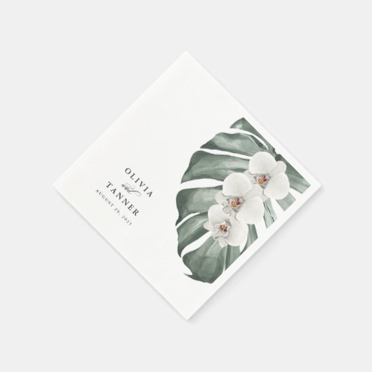 Witte orchideeën op Monstera tropische bruiloft Servet (Hoek)