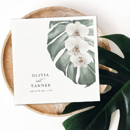 Witte orchideeën op Monstera tropische bruiloft Servet