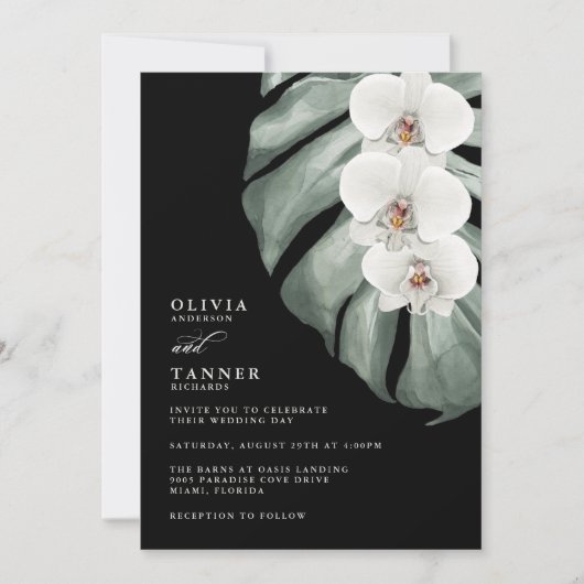 Witte Orchideeën op Monstera Zwart Tropische bruil Kaart (Voorkant)