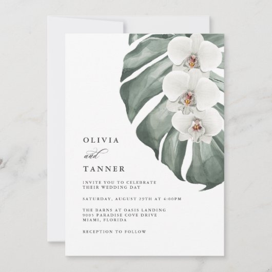 Witte orchideeën op Tropische bruiloft in Monstera Kaart (Voorkant)